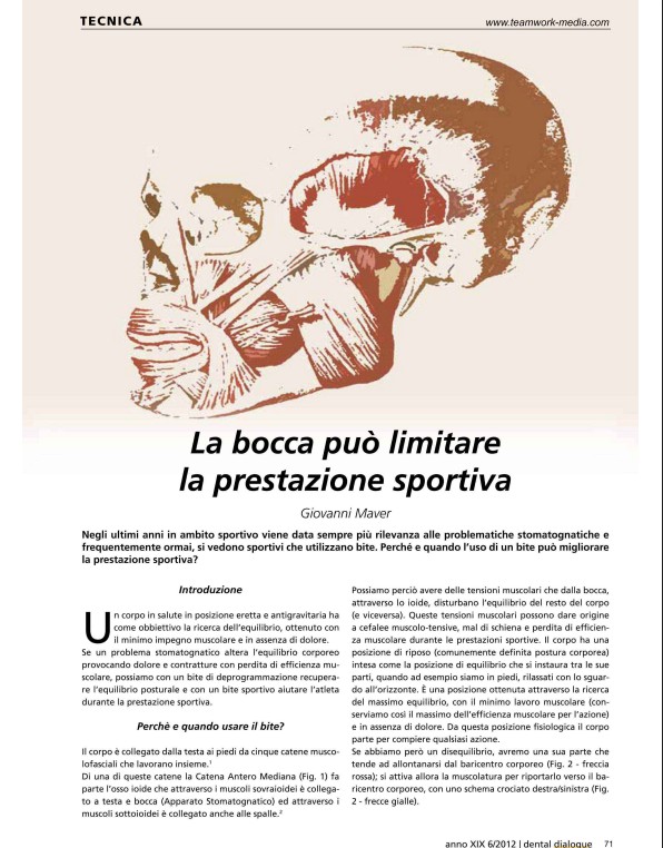 articolo dental dialogue 2012 su bocca prestazione sportiva e relazione tra apparato stomatognatico equilibrio corporeo